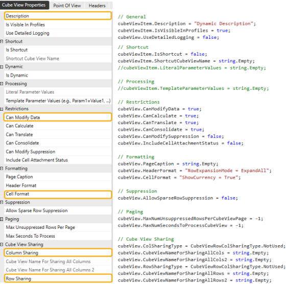 The Cube View Properties configured in the Dynamic Cube View Service code sample are the Description, Can Modify Data, Cell Format, Column Sharing, and Row Sharing properties.